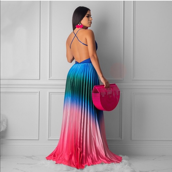 Pleated Dyed Maxi Open Back Blue Dress - Picture 2 of 8